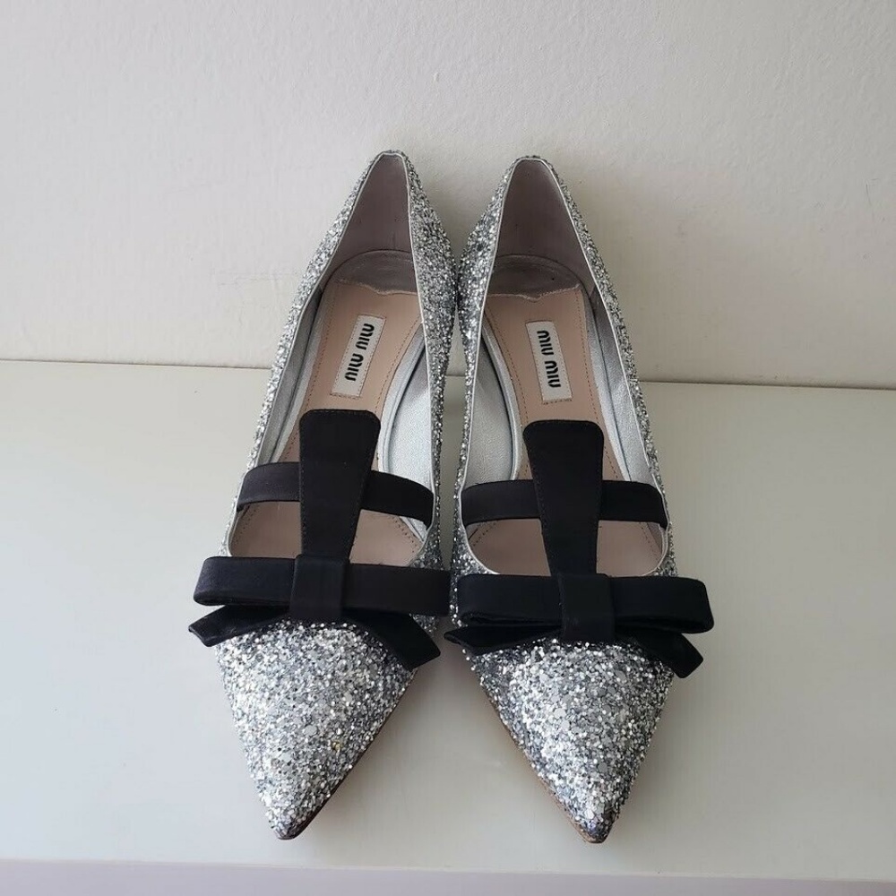 Miu Miu Argento Bow Heel Shoes - Black/Silver - Picture 2 of 8